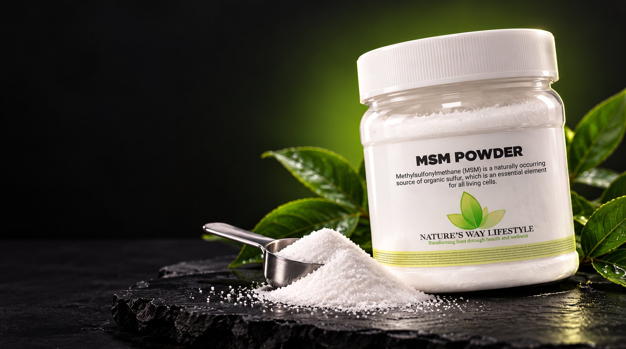 MSM Powder jar on black slate with a scoop of powder